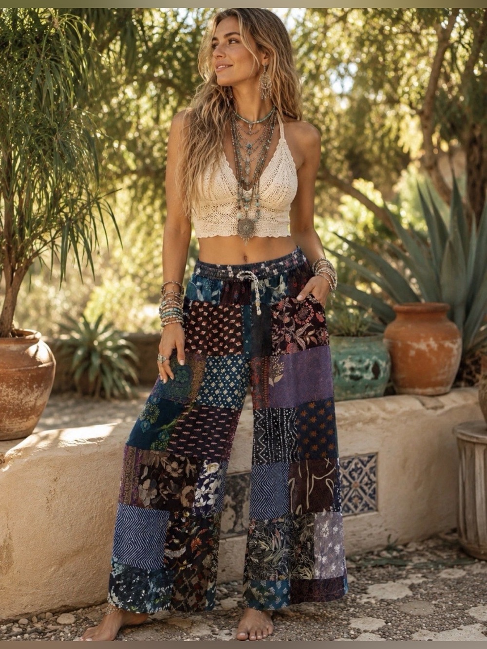 H020 NWT Jaded Gypsy L/XL w16-24 Boho Patchwork Wide-Leg Pants - Multicolor